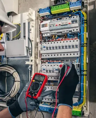 Elettricista al lavoro sulla realizzazione di un impianto elettrico civile a Bologna